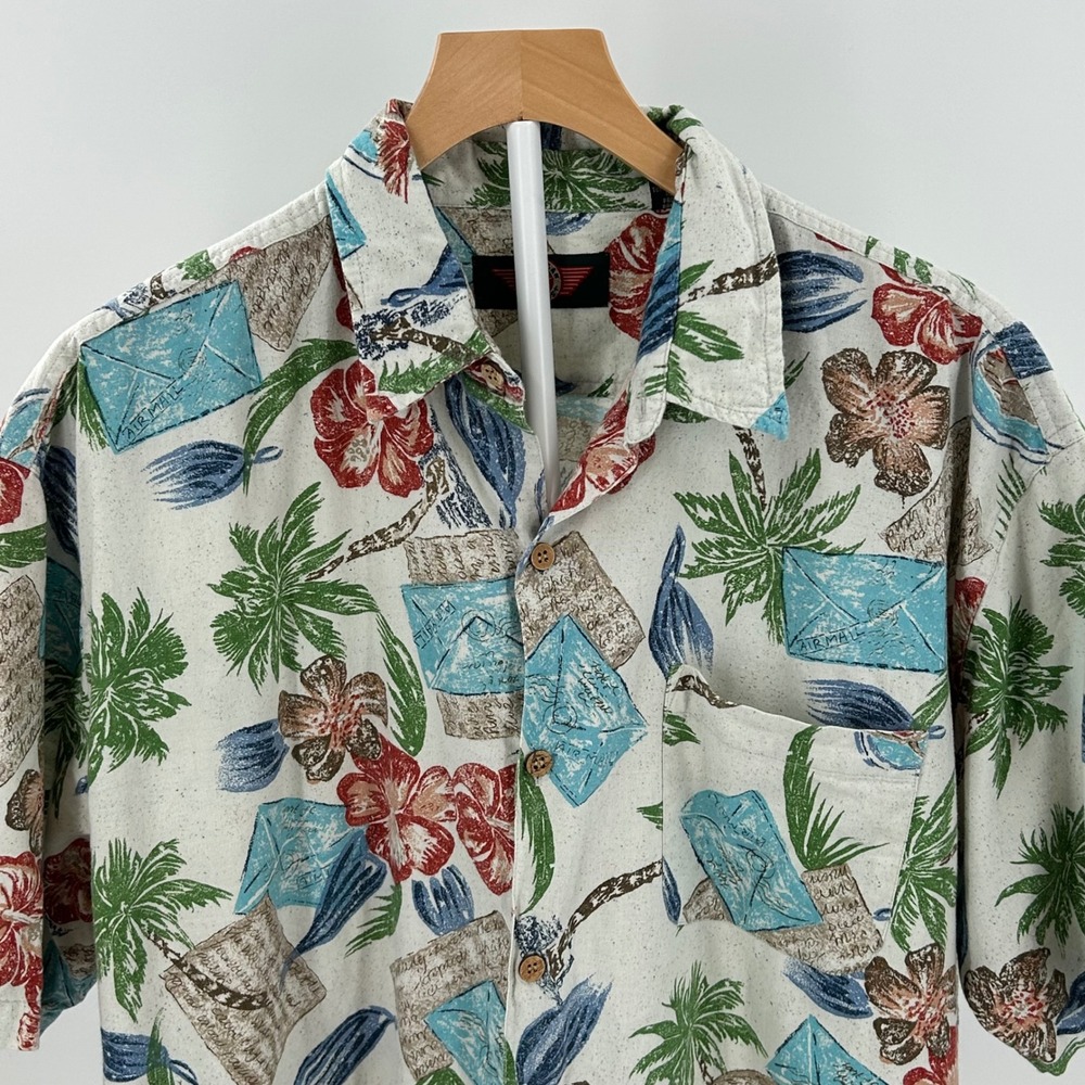 American Outpost Mens Large Tropical Postcard Hibiscus Cotton Shirt L